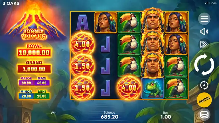 Jungle Volcano base game at spin 852 - balance $685.20, session trough approaching, Bonus symbols on reels