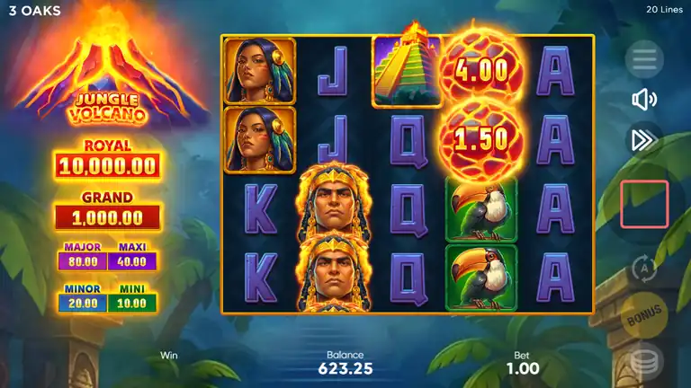 Jungle Volcano base game at spin 1265 - balance $623.25, continued slow decline, Priestess and card-rank symbols on reel 1