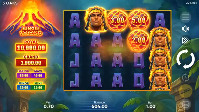 Jungle Volcano base game at spin 1701 - session final spin, balance $504.00, win $0.70