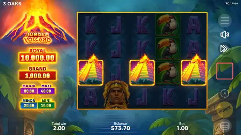 Jungle Volcano three Pyramid Scatter symbols on reels 1, 3 and 5 - the Free Spins trigger at spin 1,108, balance $573.70 at $1.00 stake