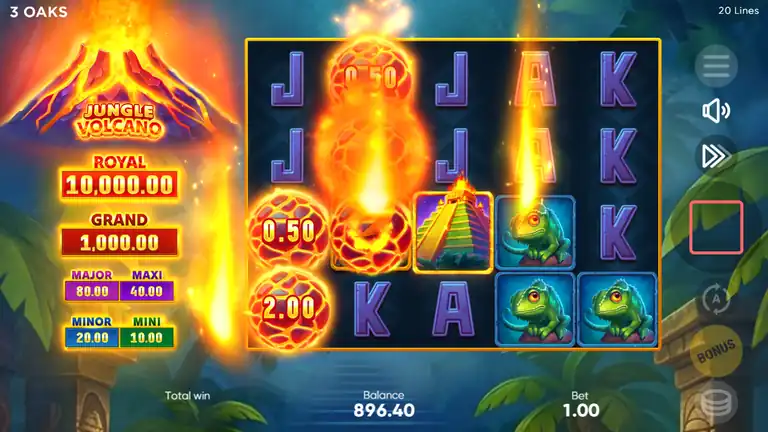 Jungle Volcano base reels with Bonus symbols showing cash values 0.50 and 2.00 and a Pyramid Scatter, balance $896.40 at $1.00 stake