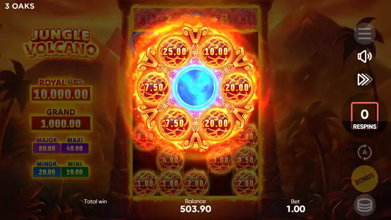 Jungle Volcano Power Feature circular 6-position board active at spin 1,498 - values 25.00, 10.00, 7.50, 20.00, 7.50, 20.00 around the central orb, ROYAL sidebar 23/40, balance $503.90 at $1.00 stake